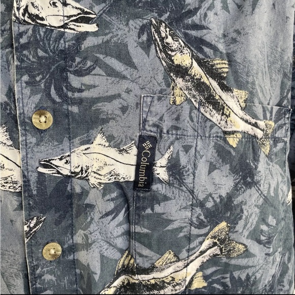 Mens Columbia Fishing Short Sleeve Fish Print Button Up Shirt Sz M Cotton - Picture 3 of 7